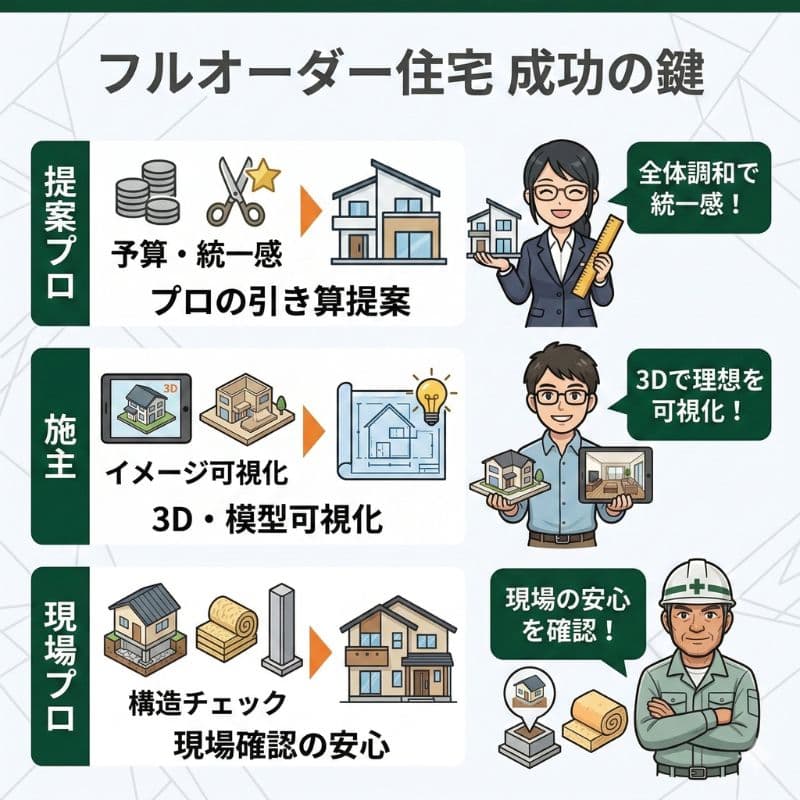 注文住宅成功の鍵を図解。プロ提案、3D可視化、現場確認。