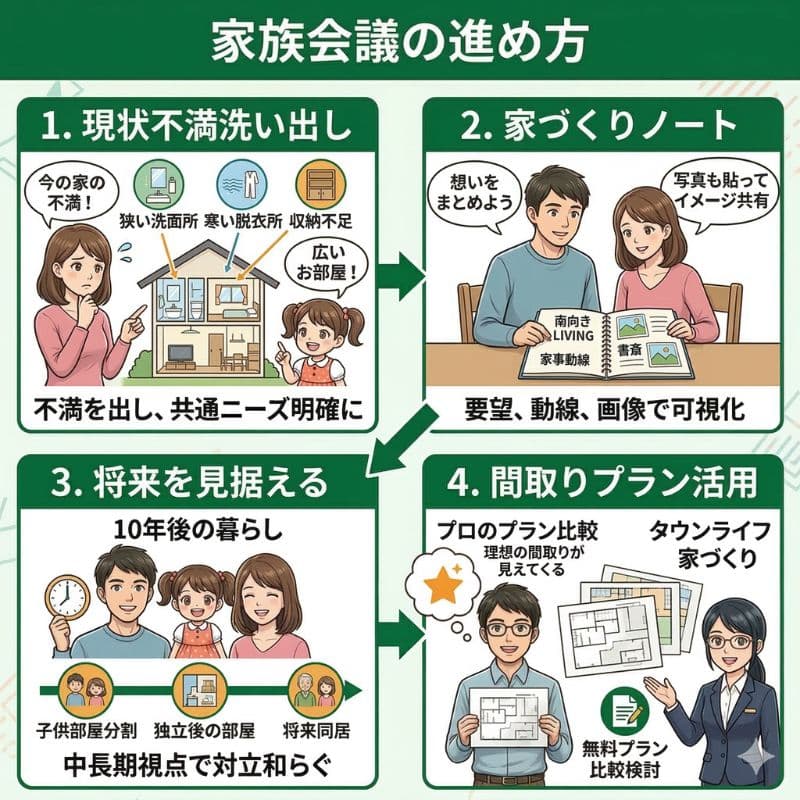 家づくりの家族会議の進め方を4つのステップで図解。
