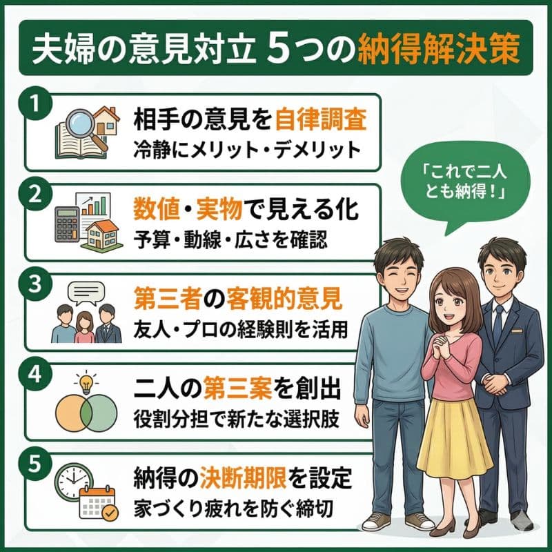 家づくりの意見対立を納得に変える5つの解決策をまとめた図解