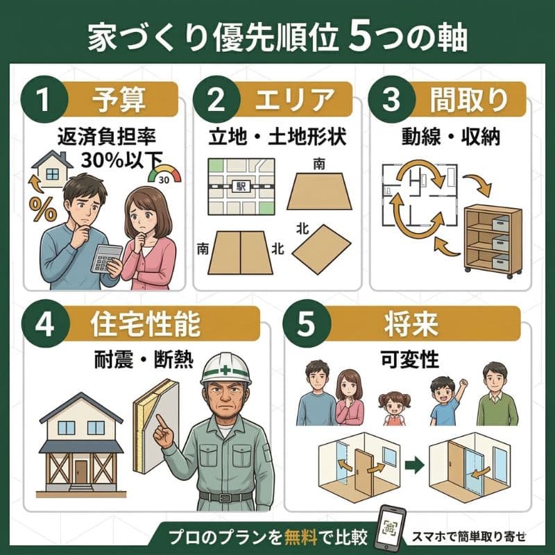 家づくり優先順位の5つの軸を解説するインフォグラフィック