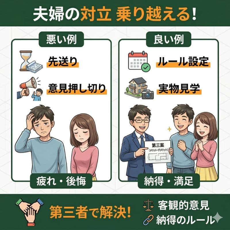 家づくりの夫婦対立解決、比較図解。