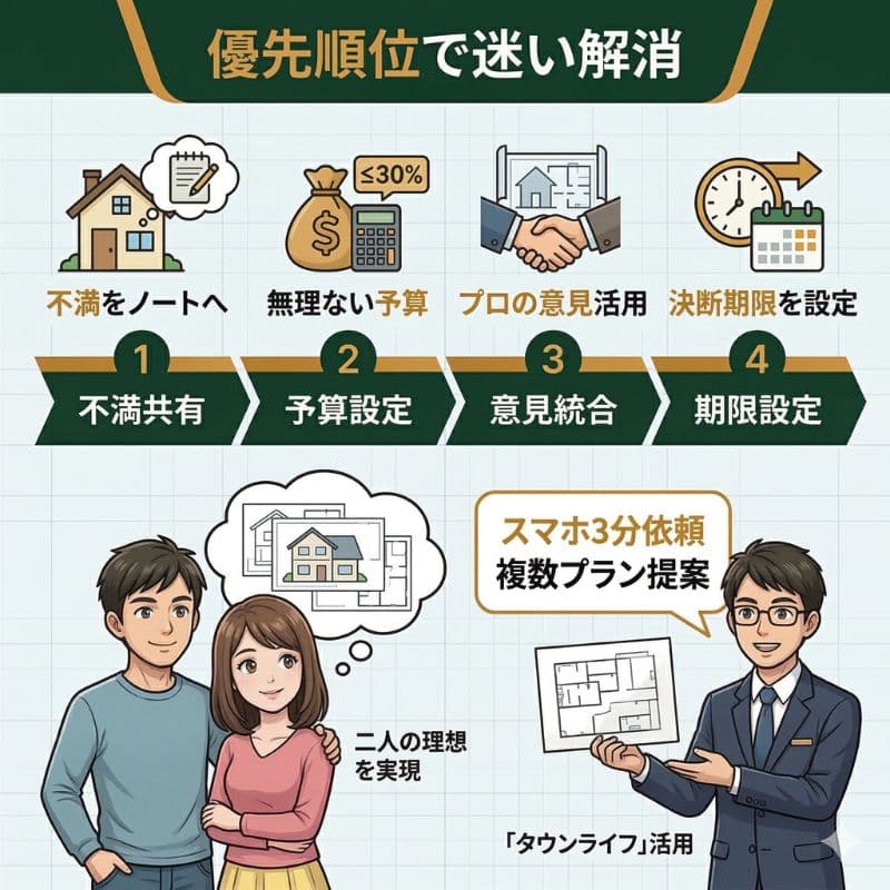 優先順位で家づくりの迷い解消。不満共有、予算、意見統合、期限の4ステップ。