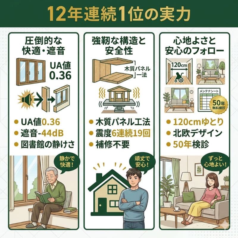12年連続1位の住宅の実力。快適、安全、50年フォローを紹介。