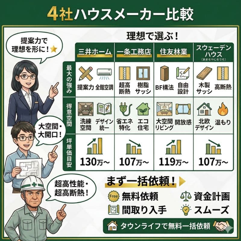 4社のハウスメーカーを特徴・空間・価格で比較。