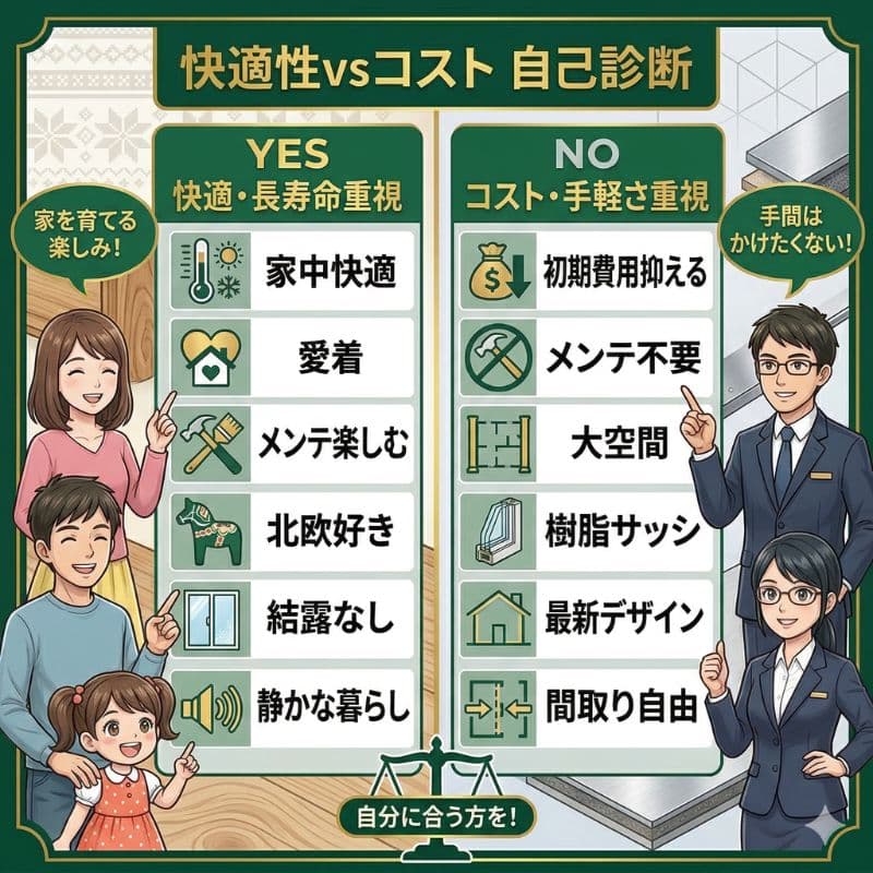 住宅性能(快適・長寿命)とコスト・手軽さの自己診断比較図。