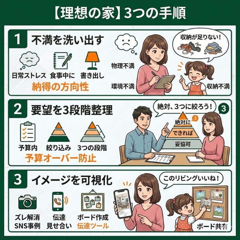 理想の家づくりの3つの手順：不満解消・要望整理・可視化