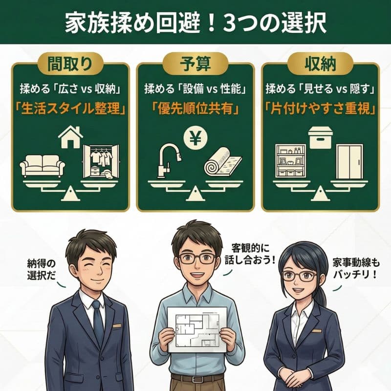 家づくりの揉め事を避ける3つの選択。間取り・予算・収納を比較。