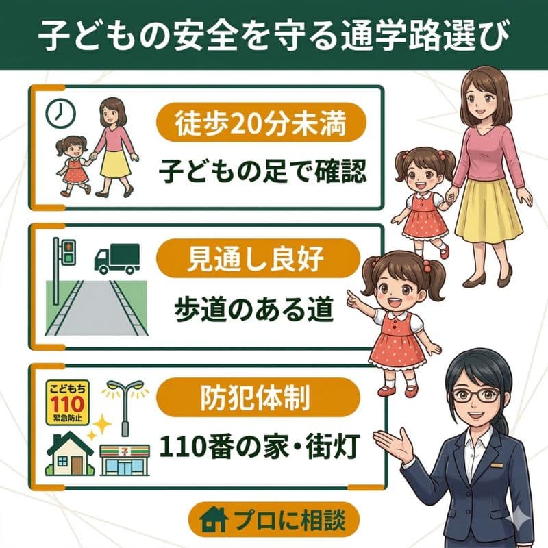 通学路の安全確保ポイント（徒歩20分、見通し、防犯）の図解。