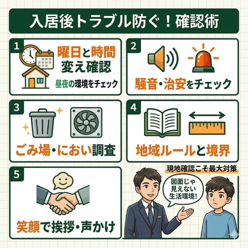 入居後トラブル防ぐ周辺環境確認のイラスト