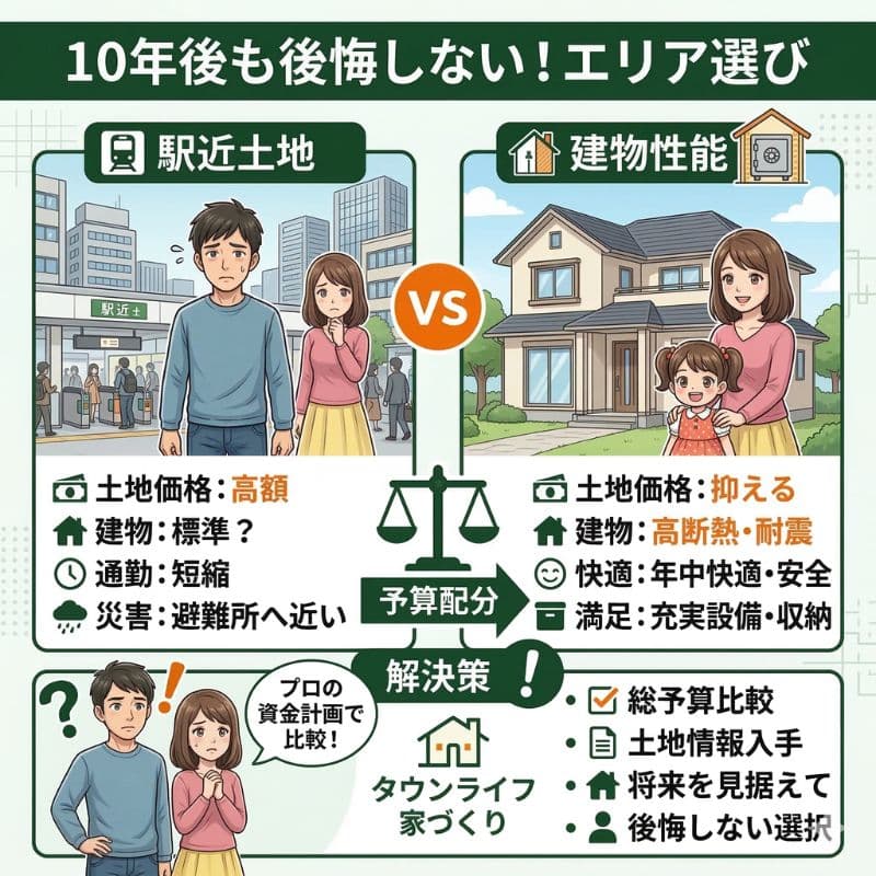 駅近vs建物性能。予算配分で後悔しないエリア選びを。解決策も提示