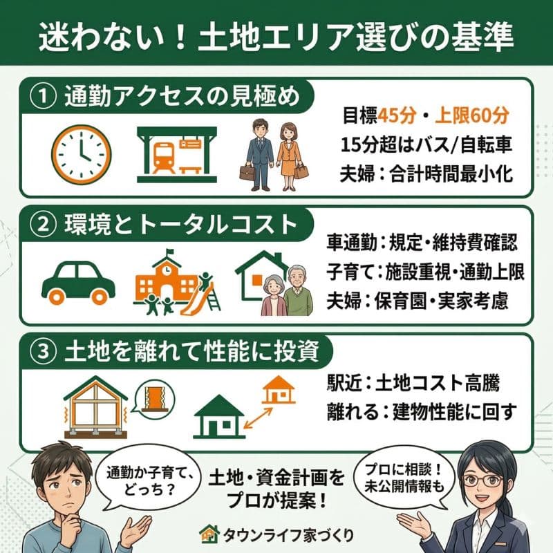 土地エリア選びの基準：通勤、環境、コストと建物性能。