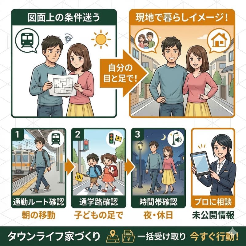 図面迷う夫婦が現地で暮らしイメージ。3つの現地確認とプロ相談