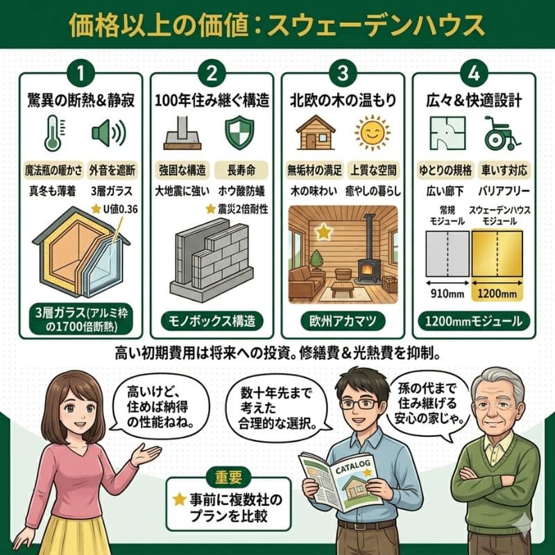 スウェーデンハウスの魅力(断熱性、耐久性)をまとめた図解。