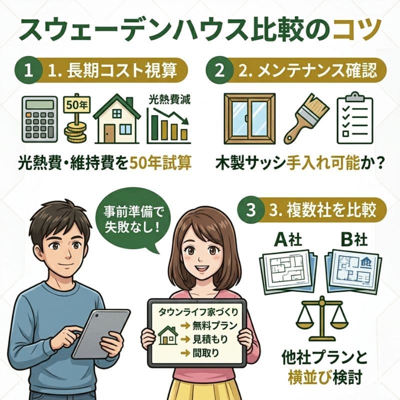 スウェーデンハウス比較のコツを解説する図解と男女のイラスト。