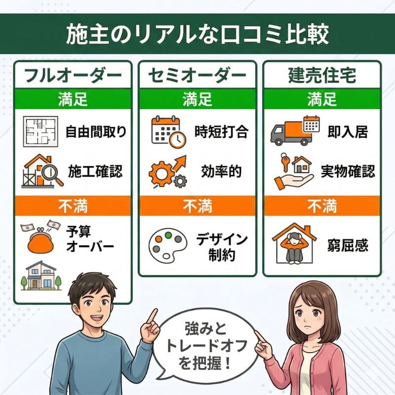 施主の口コミによる3つの住宅スタイルのメリット・デメリット比較。