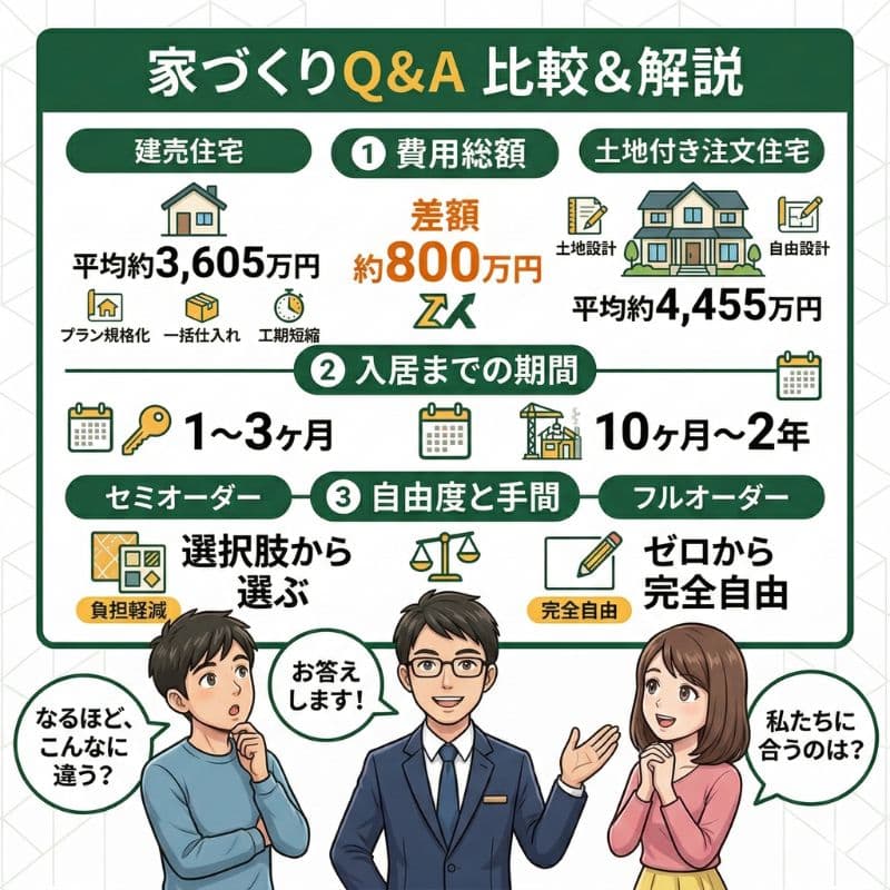 家づくりの建売・注文・セミ・フルオーダー比較図。
