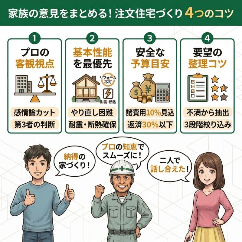家族の意見をまとめる注文住宅づくり4つのコツをイラストで解説