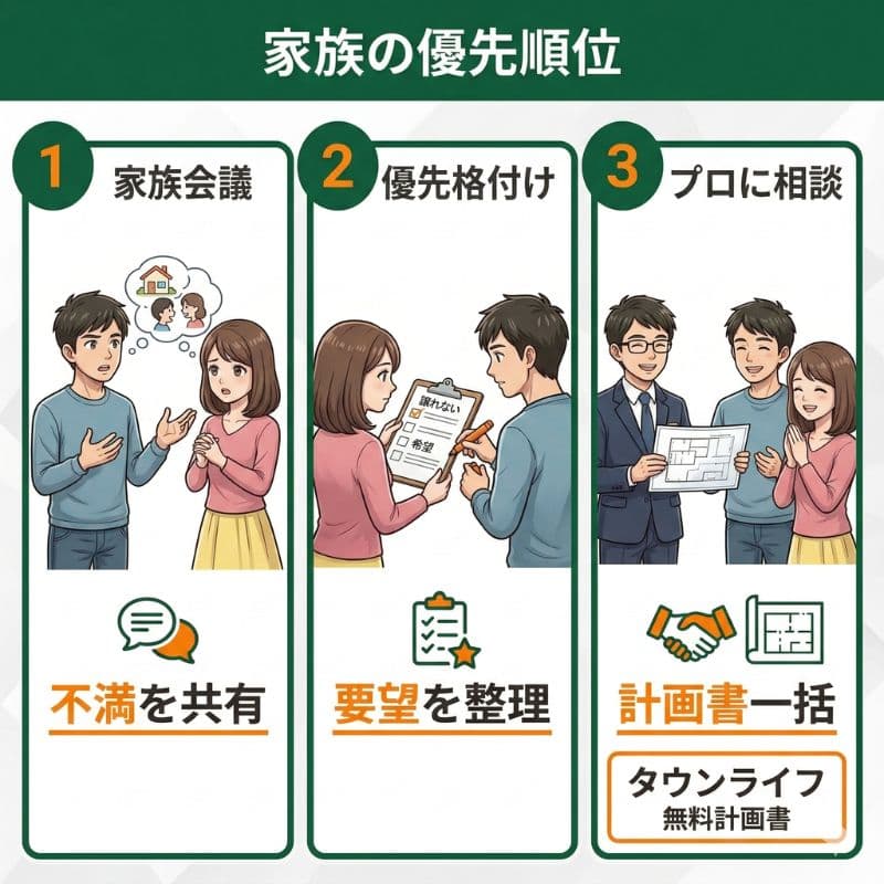 家族の不満・要望整理からプロ相談まで。家づくり優先順位決定の流れ