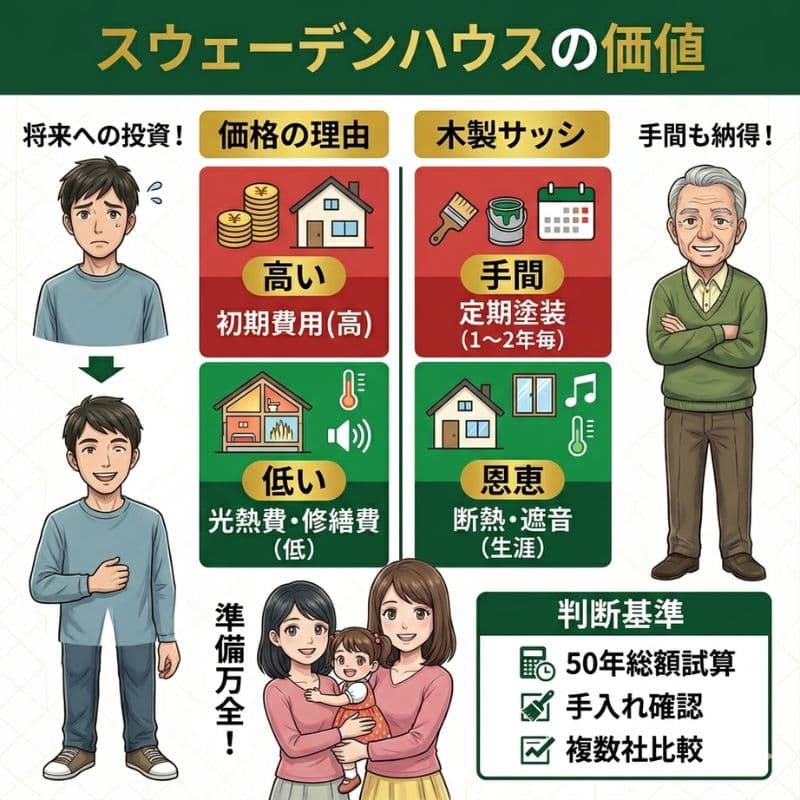 スウェーデンハウスの価値（価格、木製サッシ、判断基準）を要約。