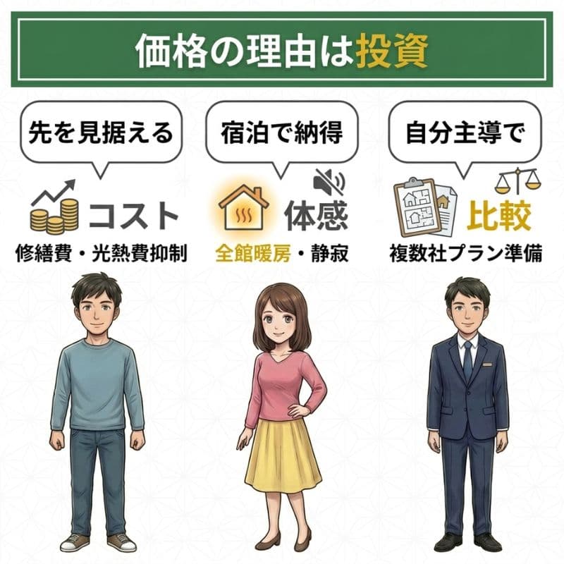 スウェーデンハウスの価格は投資。コスト、体感、複数社比較の要点を説明する図解。