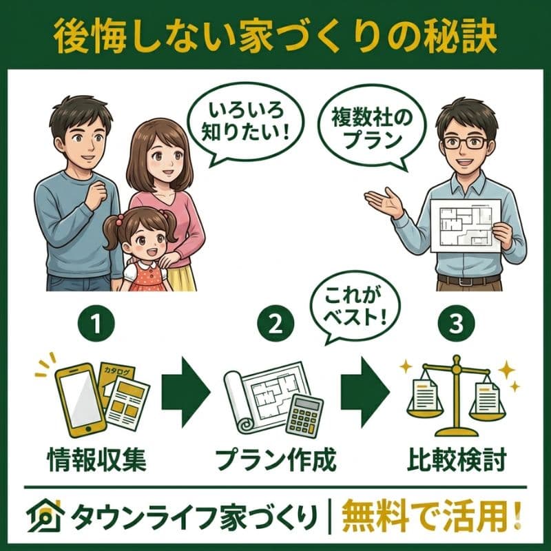 スウェーデンハウス検討時の、情報収集から比較までの家づくりステップ。