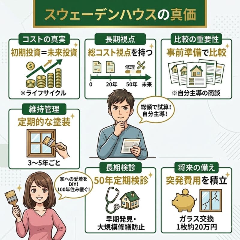 スウェーデンハウスの価値とメンテナンスのインフォグラフィック