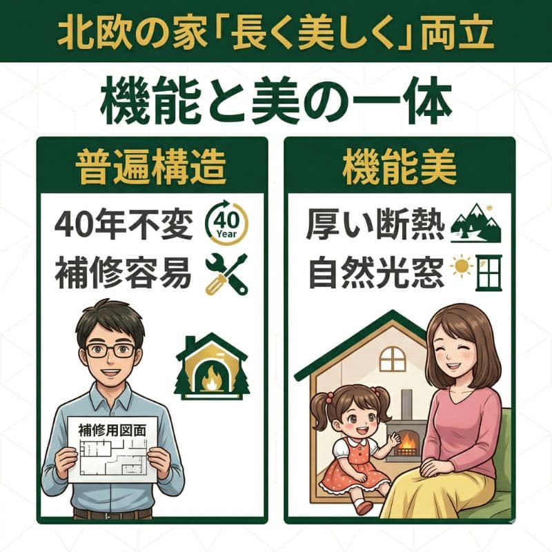 北欧の家「長く美しく」両立。普遍構造と機能美の解説図。