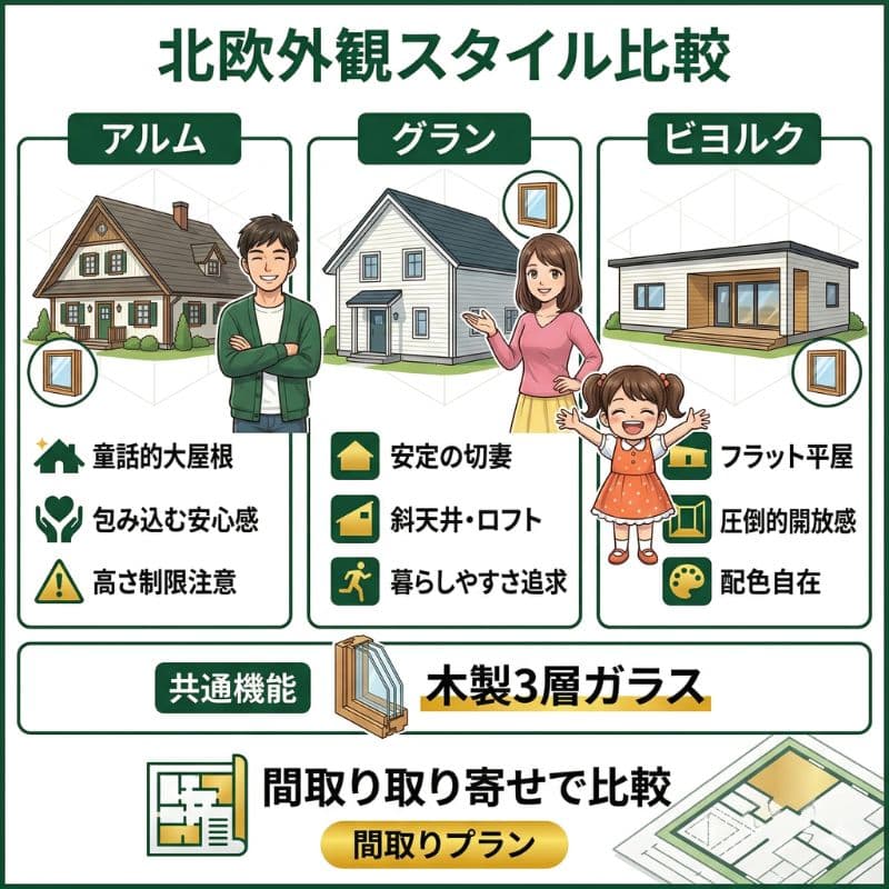北欧住宅スタイル（アルム、グラン、ビヨルク）の外観比較図。