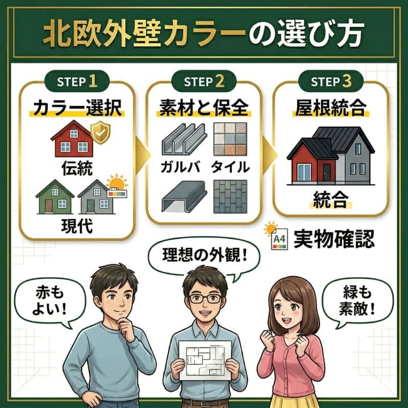 北欧外壁カラー選びの3ステップと実物確認を説明する画像