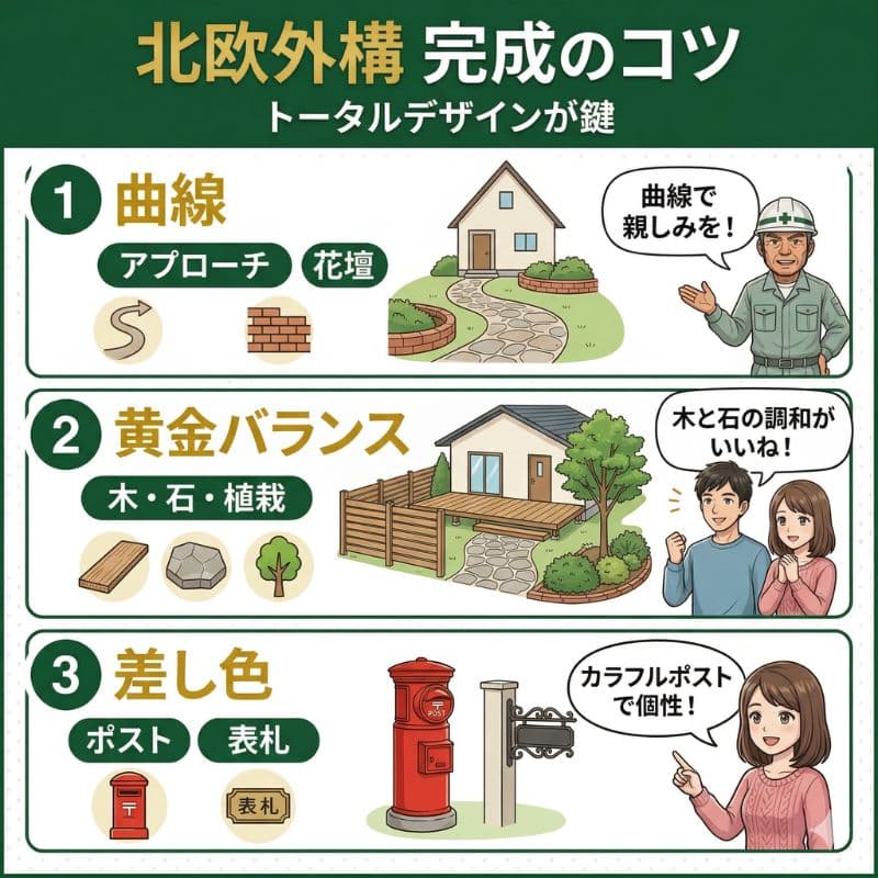 曲線、黄金バランス、差し色で叶える北欧外構のコツ。