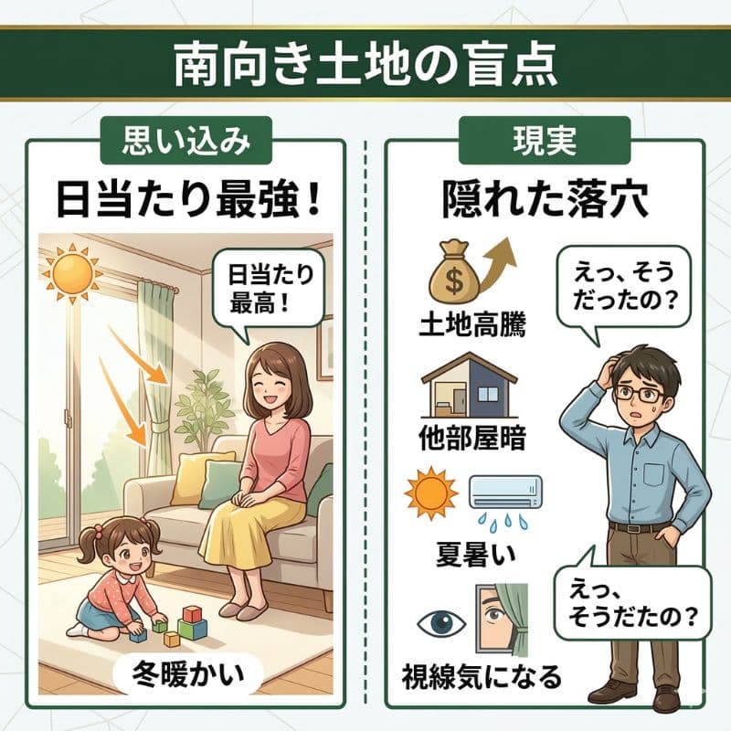 南向き土地の思い込み（日当たり）と現実（デメリット）の対比