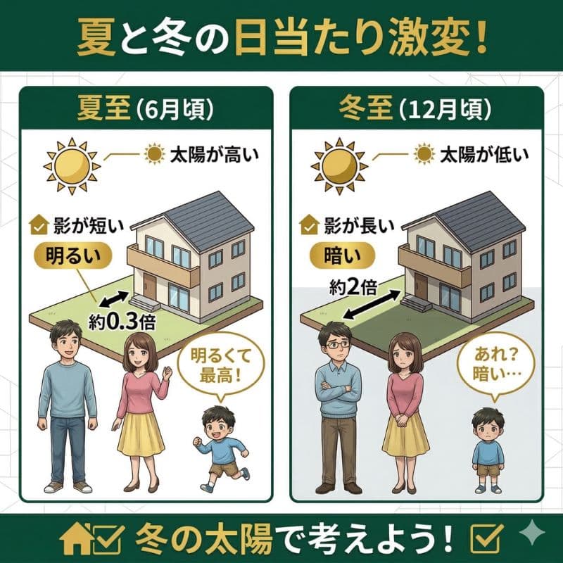 夏と冬の日当たり激変！影の長さ比較。土地探しは冬基準。