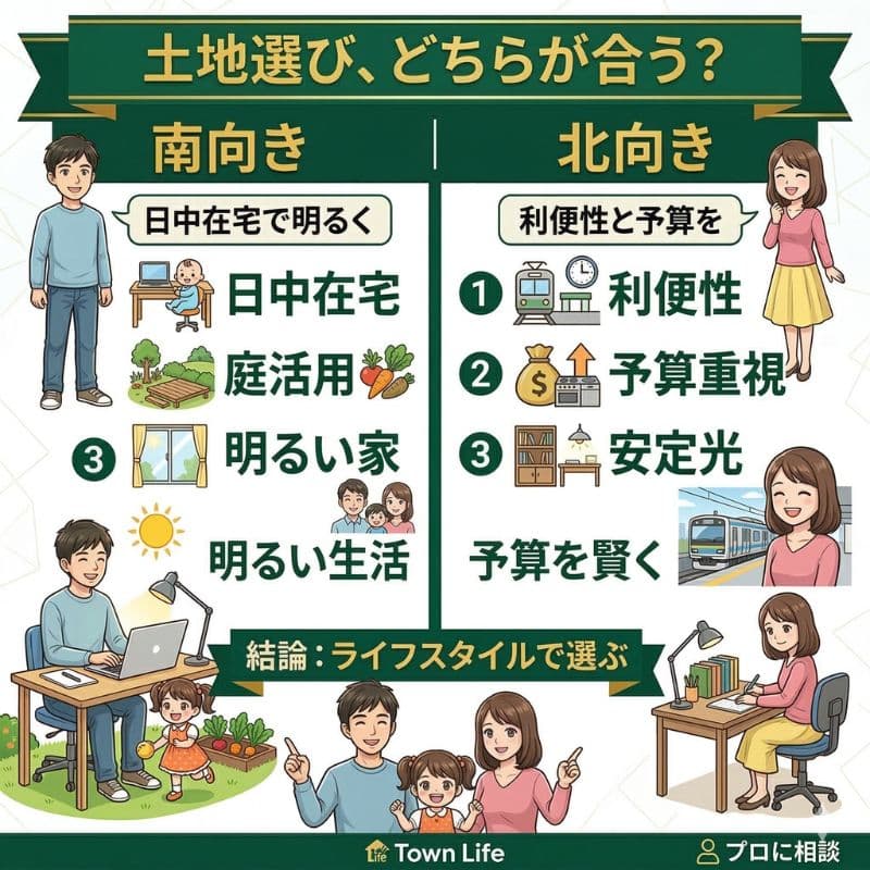南向き（日当たり重視）と北向き（利便性・予算重視）の土地選び比較