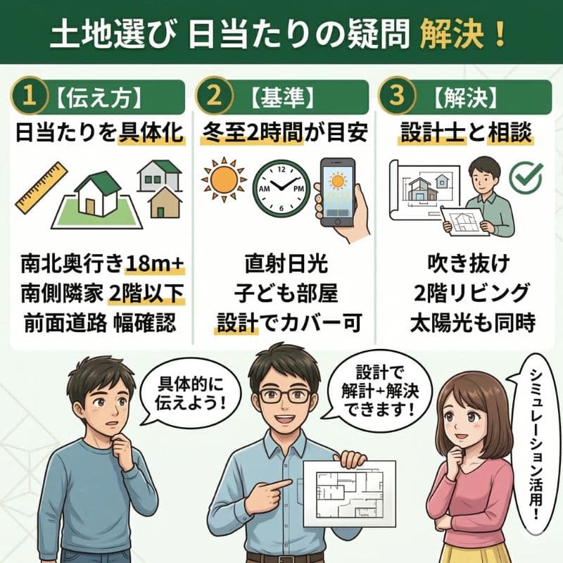 土地選びの日当たり問題解決！伝え方と設計アイデアの図解。