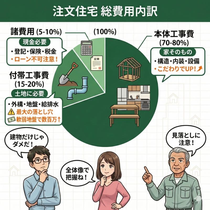 注文住宅の総費用内訳（本体・付帯・諸費用）と注意点の図解。