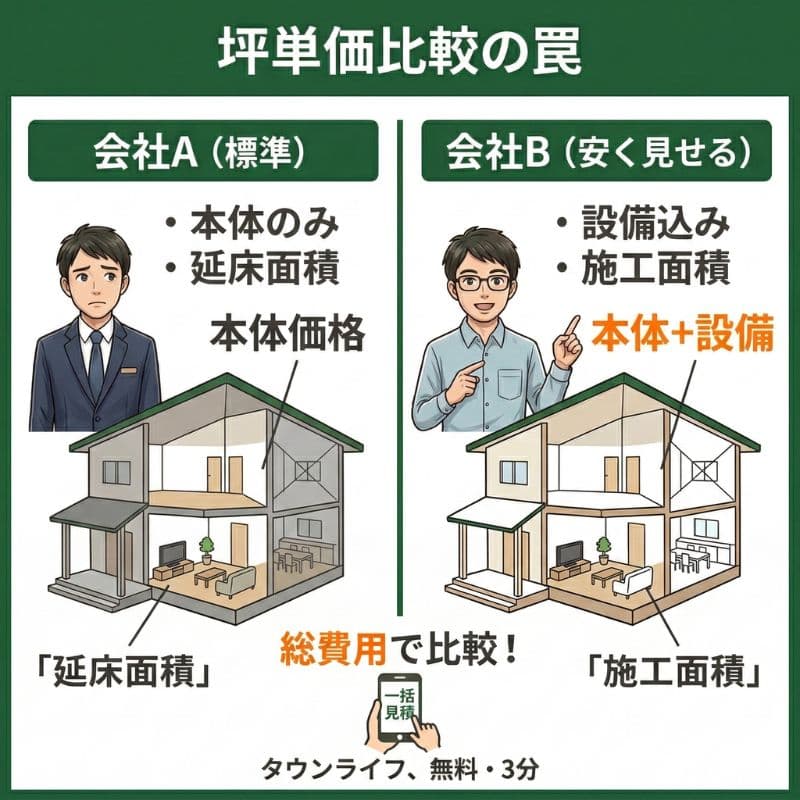 坪単価比較の罠、計算基準の違いと総費用比較の推奨