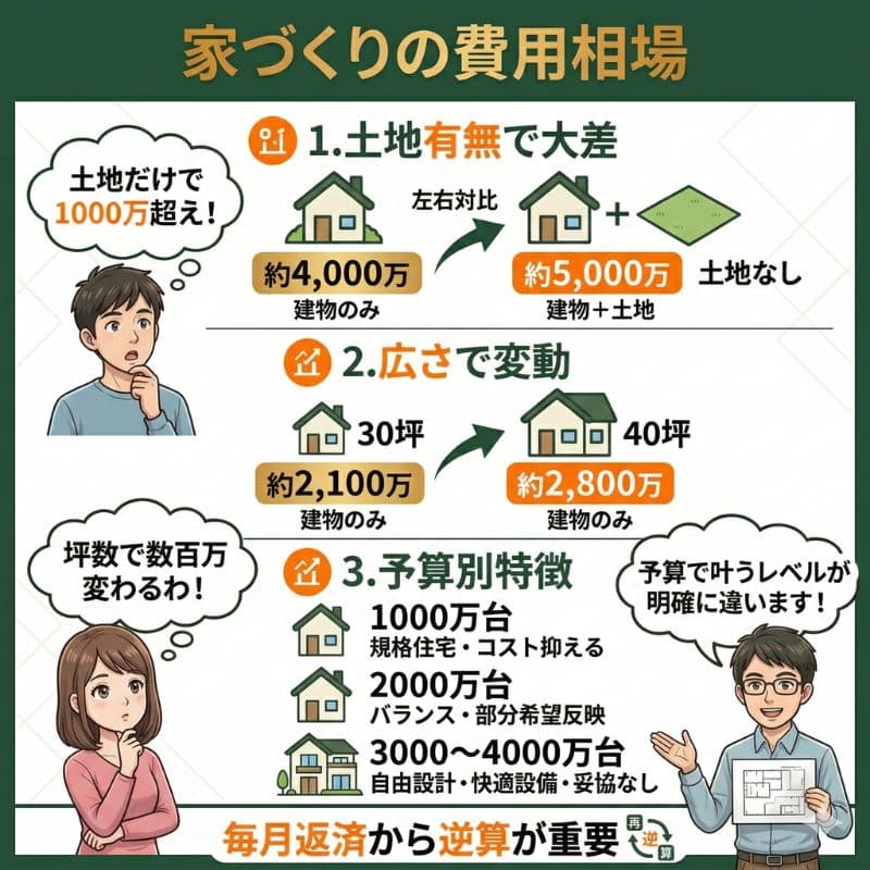 家づくりの費用相場（土地有無、坪数、予算）の図解。