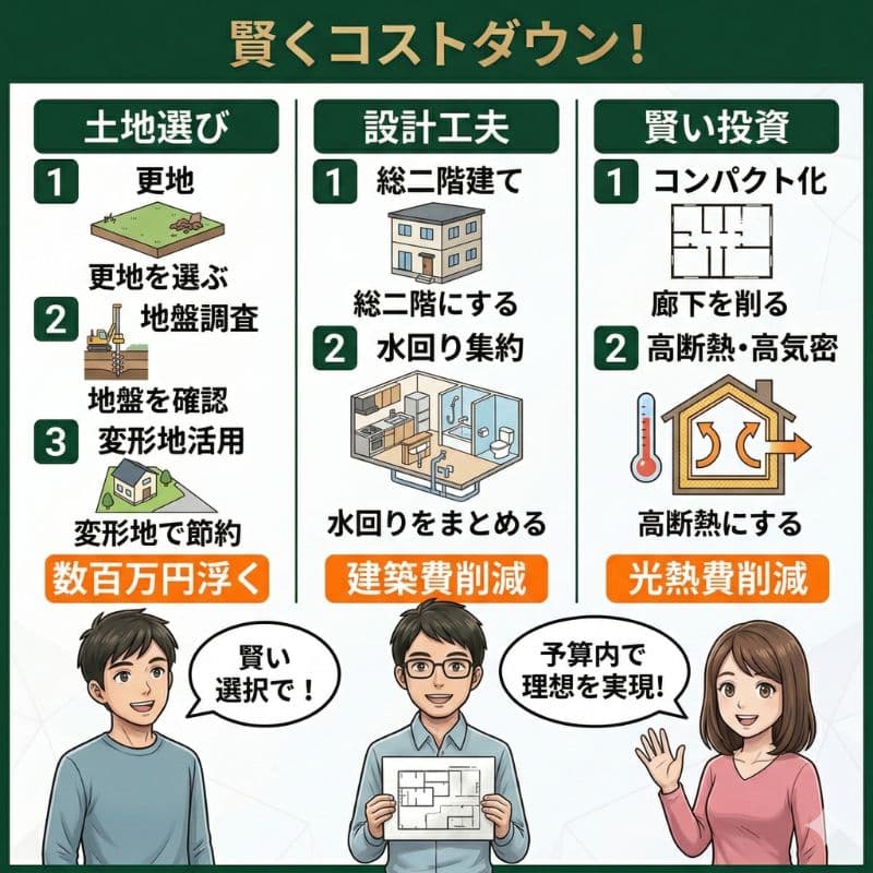 賢くコストダウン！土地・設計・投資の工夫で家づくりを節約。