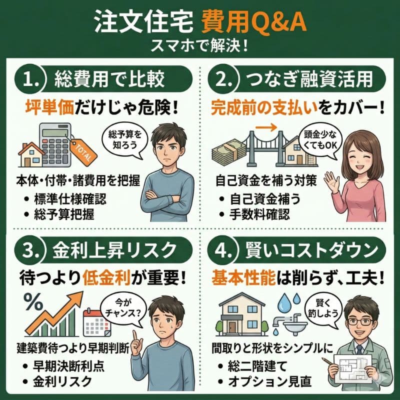 注文住宅費用Q&A：総費用、融資、金利リスク、コストダウンの4点。
