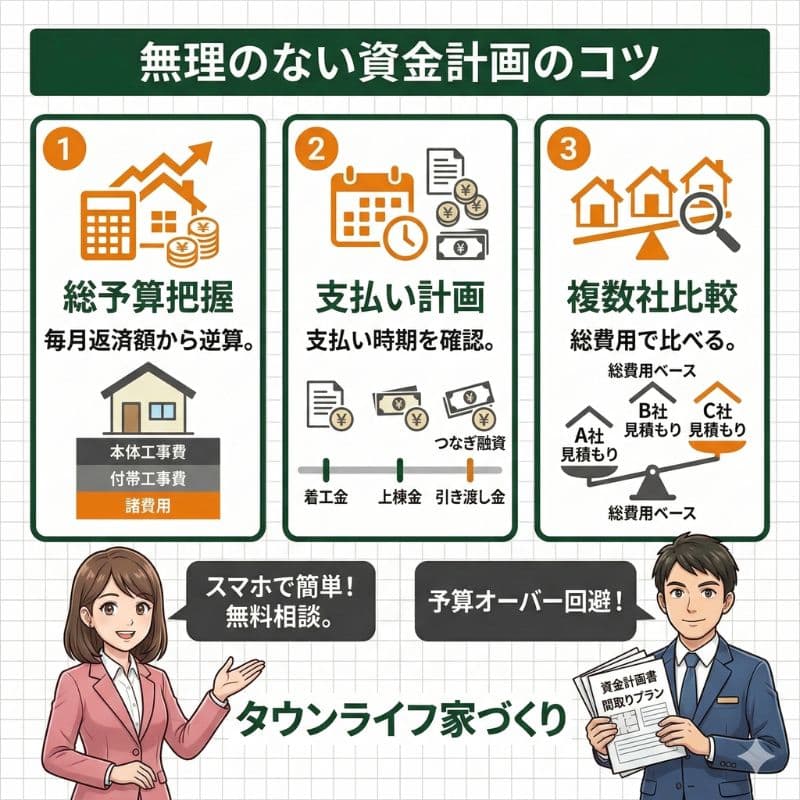 無理のない資金計画のコツと、無料相談を紹介する図解です。