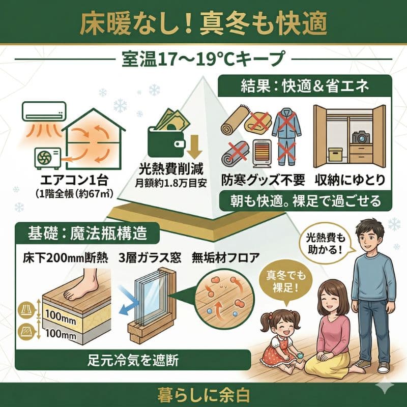 魔法瓶構造で床暖なし!裸足で快適、省エネな暮らし。