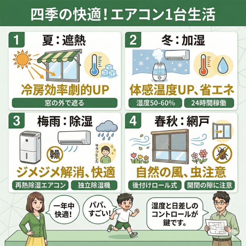 四季の快適!エアコン1台生活。湿度と日差しのコントロール方法。