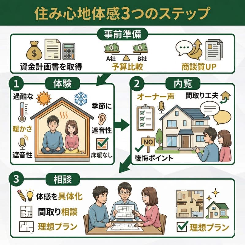 住み心地体感3つのステップ:宿泊・内覧・設計相談の流れ