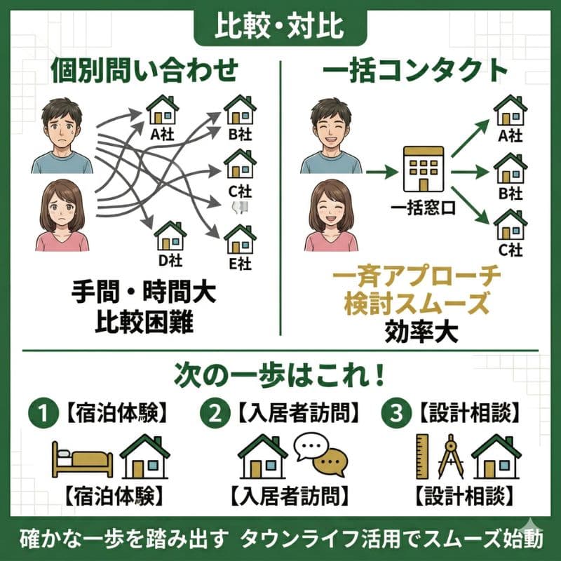 家づくり、個別と一括コンタクト。宿泊・訪問・相談のステップ。 (23文字)