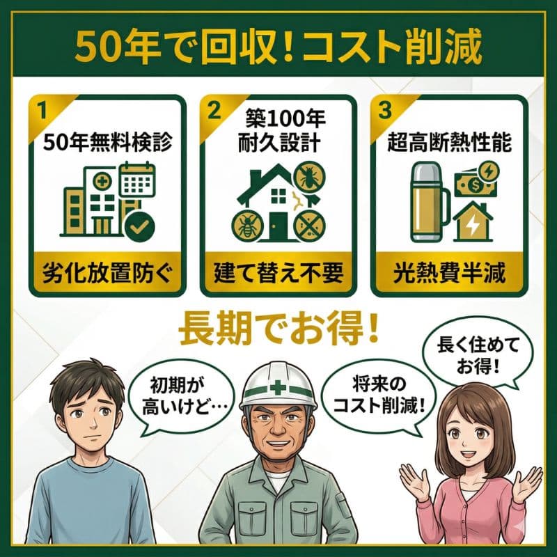 スウェーデンハウスは長期でお得!50年で回収する家のコスト削減インフォグラフィック