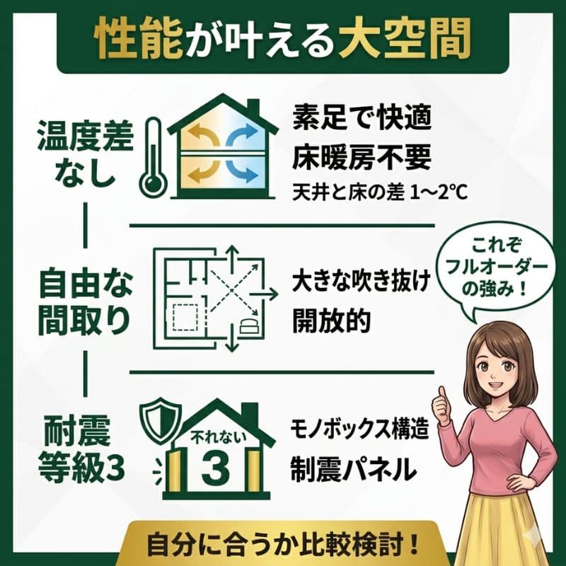 スウェーデンハウスの高性能と自由な間取りを伝える図解です。