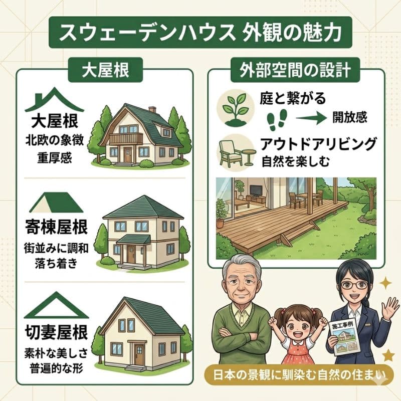 スウェーデンハウスの外観と外部空間設計のポイントを図解しました。