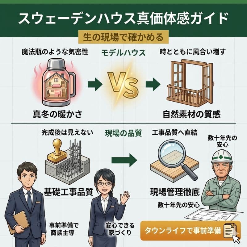 スウェーデンハウスの真価をモデルハウスと現場で体感する図解。