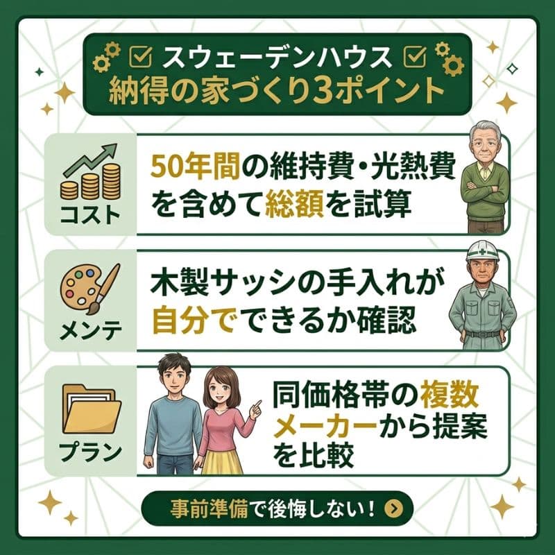 スウェーデンハウスで納得の家づくりをするための3つのポイントを紹介します。