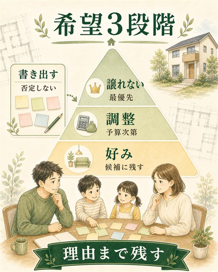 家族の希望を譲れない条件など3段階で整理する図解